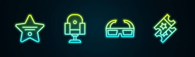 Set hattı, Şöhret Yolu, yönetmen, sinema koltuğu, 3 boyutlu sinema gözlüğü ve sinema bileti. Parlayan neon ikonu. Vektör