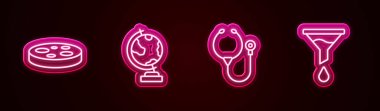 Petri kabını bakteri, dünya küresi, steteskop ve huni ya da filtre ile ayarla. Parlayan neon ikonu. Vektör
