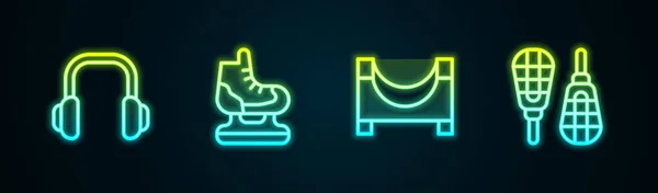 Set Line Winter Headphones Skates Park Snowshoes Glowing Neon Icon — Stock Vector