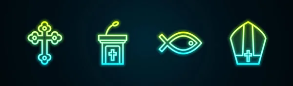 Aufstellung Christenkreuz Predigttribüne Fischsymbol Und Papsthut Leuchtende Leuchtschrift Vektor — Stockvektor