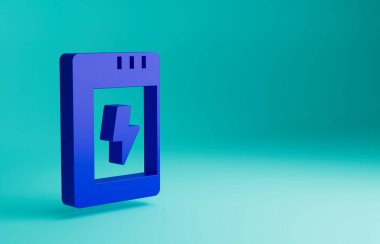 Kamera simgesi için mavi batarya mavi arka planda izole edildi. Şimşek sembolü. Minimalizm kavramı. 3 Boyutlu resimleme.