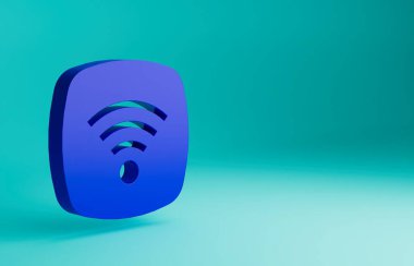 Mavi kablosuz internet ağ sembolü ikonu mavi arkaplanda izole edildi. Minimalizm kavramı. 3 Boyutlu resimleme.