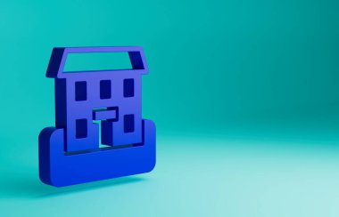 Mavi Okul binası ikonu mavi arka planda izole edildi. Minimalizm kavramı. 3 Boyutlu resimleme.