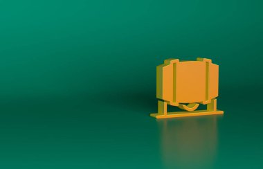 Yeşil arka planda izole edilmiş şarap ikonu için turuncu ahşap fıçı. Minimalizm kavramı. 3 Boyutlu resimleme.