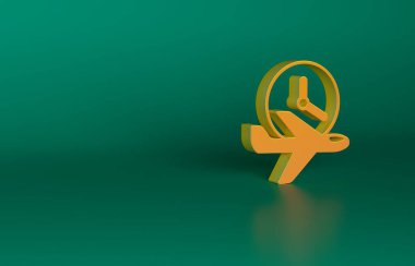 Turuncu uçuş zaman simgesi yeşil arkaplanda izole edildi. Minimalizm kavramı. 3 Boyutlu resimleme.