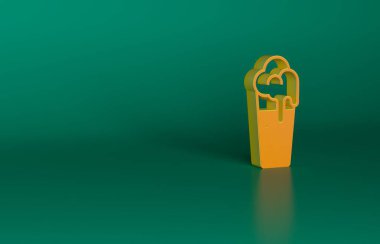 Yeşil arka planda izole edilmiş turuncu bardak bira ikonu. Minimalizm kavramı. 3 Boyutlu resimleme.