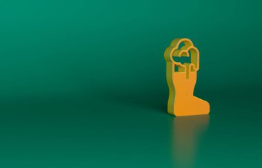 Yeşil arka planda izole edilmiş turuncu çizmeli bira ikonu. Minimalizm kavramı. 3 Boyutlu resimleme.