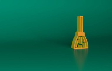 Turuncu süpürge sapı simgesi yeşil arkaplanda izole edildi. Temizlik hizmeti konsepti. Minimalizm kavramı. 3 Boyutlu resimleme.