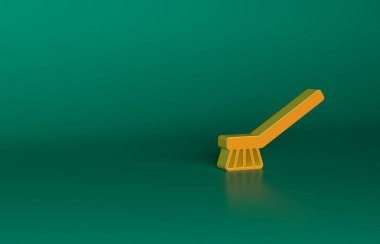 Temizlik simgesi için turuncu fırça yeşil arkaplanda izole edildi. Temizlik hizmeti konsepti. Minimalizm kavramı. 3 Boyutlu resimleme.