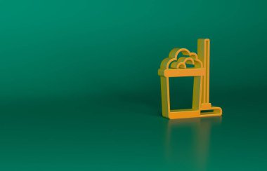 Yeşil arka planda turuncu paspas ve kova ikonu izole edildi. Temizlik hizmeti konsepti. Minimalizm kavramı. 3 Boyutlu resimleme.