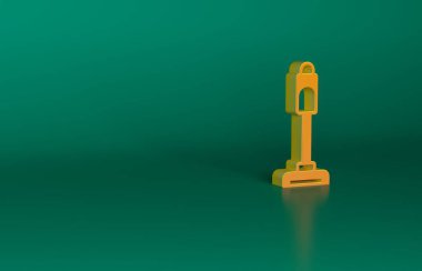 Turuncu elektrikli süpürge ikonu yeşil arka planda izole edildi. Minimalizm kavramı. 3 Boyutlu resimleme.