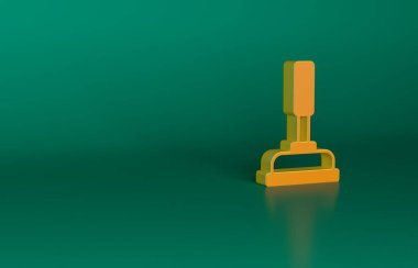Yeşil arka planda izole edilmiş boru temizleme ikonu için ahşap saplı turuncu lastik pompa. Tuvalet pompası. Minimalizm kavramı. 3 Boyutlu resimleme.