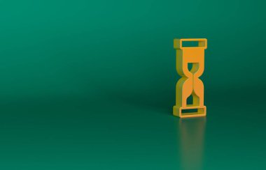 Yeşil zemin üzerinde kum ikonu olan turuncu eski kum saati. Kum saati işareti. İş ve zaman yönetimi kavramı. Minimalizm kavramı. 3 Boyutlu resimleme.