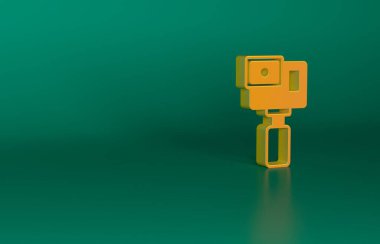 Turuncu Eylem ekstrem kamera simgesi yeşil arkaplanda izole edildi. Ekstrem sporları çekmek için video kamera ekipmanı. Minimalizm kavramı. 3 Boyutlu resimleme.