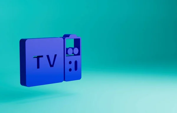 Blue Multimedia and TV box receiver and player with remote controller icon isolated on blue background. Minimalism concept. 3D render illustration.