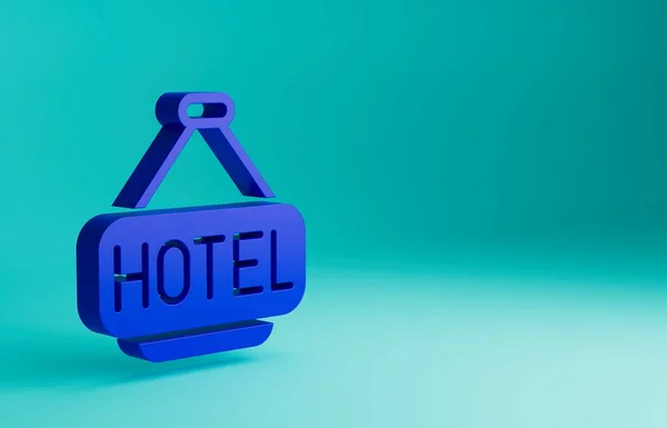 青の背景に隔離されたテキストホテルのアイコンと青の看板屋外広告 最小限の概念 3Dレンダリング図 — ストック写真