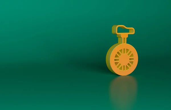 Orange Unicycle or one wheel bicycle icon isolated on green background. Monowheel bicycle. Minimalism concept. 3D render illustration.