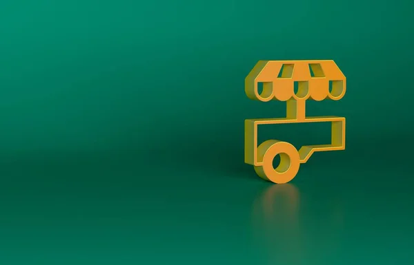 橙色的街道快餐车与遮阳篷图标隔离绿色背景 城市信息亭 最低纲领的概念 3D渲染说明 — 图库照片