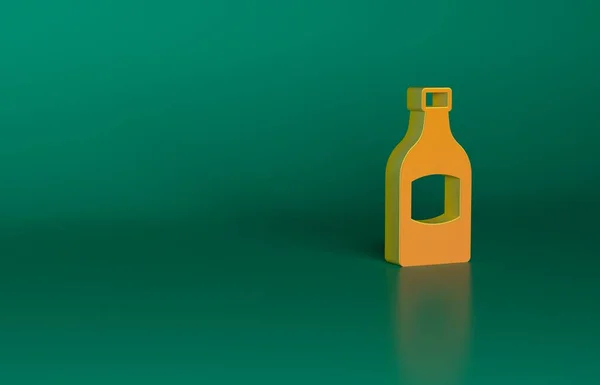 橙色啤酒瓶子图标孤立在绿色背景 最低纲领的概念 3D渲染说明 — 图库照片