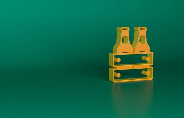 Orange Pack of beer bottles icon isolated on green background. Wooden box and beer bottles. Case crate beer box sign. Minimalism concept. 3D render illustration.
