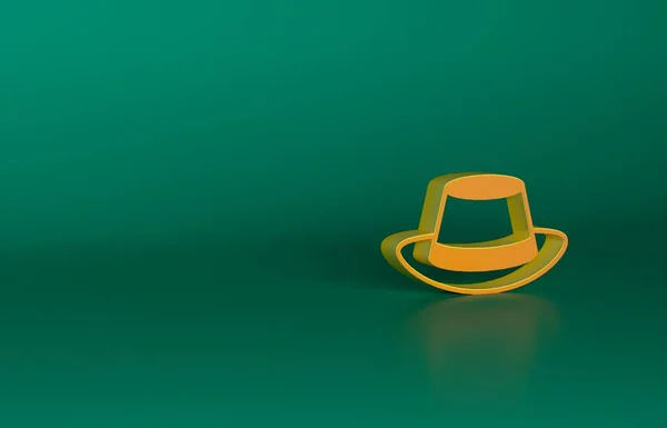 Orange Oktoberfest hat icon isolated on green background. Hunter hat with feather. German hat. Minimalism concept. 3D render illustration.