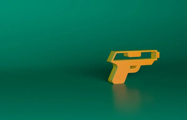 緑の背景に隔離されたオレンジピストルまたは銃アイコン 警察や軍の拳銃 小火器だ 最小限の概念 3Dレンダリング図 — ストック写真