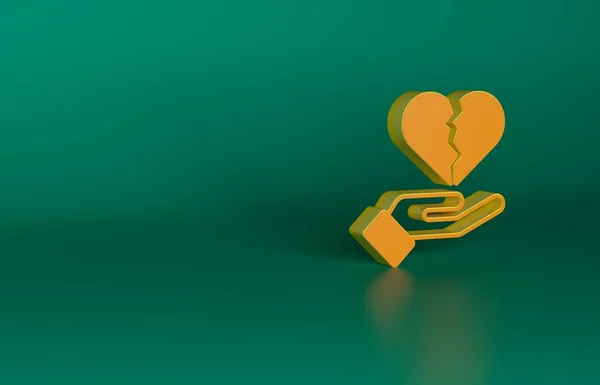 Orange Broken heart or divorce icon isolated on green background. Love symbol. Valentines day. Minimalism concept. 3D render illustration.