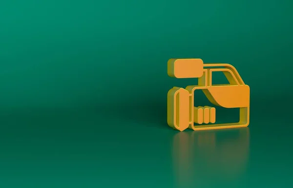橙色电影相机图标孤立在绿色背景 摄像机 电影标志 电影放映机最低纲领的概念 3D渲染说明 — 图库照片