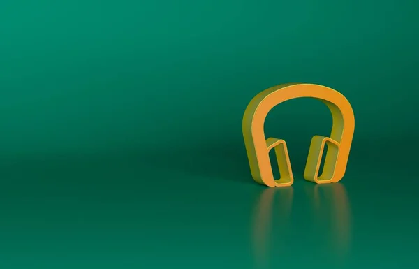 Orange Headphones icon isolated on green background. Earphones. Concept for listening to music, service, communication and operator. Minimalism concept. 3D render illustration.