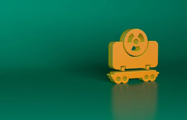 橙色放射性货车图标隔离在绿色背景 铁路交通 最低纲领的概念 3D渲染说明 — 图库照片
