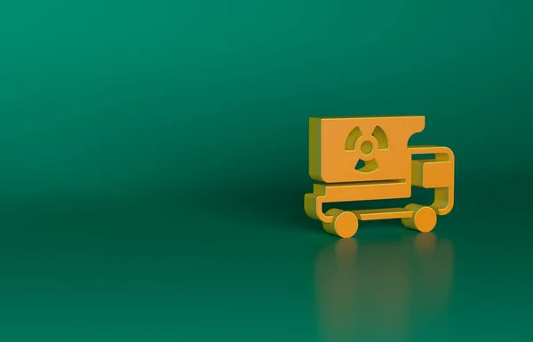带有辐射材料图标的橙色卡车在绿色背景上隔离 最低纲领的概念 3D渲染说明 — 图库照片