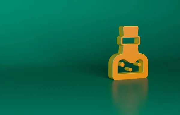 緑色の背景にアイコンが分離されたオレンジボトル 魔法の薬でフラスコ ハッピーハロウィンパーティー 最小限の概念 3Dレンダリング図 — ストック写真