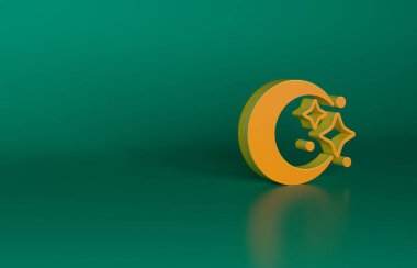 Turuncu Ay ve yıldız ikonu yeşil arkaplanda izole edildi. Bulutlu gece işareti. Uyku rüyalarının sembolü. Dolunay. Gece ya da yatak zamanı tabelası. Minimalizm kavramı. 3 Boyutlu resimleme.