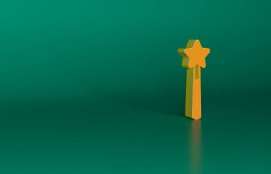 Yeşil arka planda turuncu sihirli değnek ikonu izole edildi. Yıldız şeklinde sihirli aksesuar. Sihirli güç. Mutlu Cadılar Bayramı Partisi. Minimalizm kavramı. 3 Boyutlu resimleme.