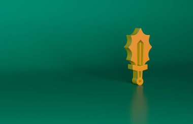 Yeşil arka planda izole edilmiş turuncu sihirli kılıç ateş ikonunda. Ateşli kılıç. Şövalyenin, büyücünün, sihirbazın sihirli silahı. Ateş büyüsü. Yanan bıçak. Minimalizm kavramı. 3 Boyutlu resimleme.