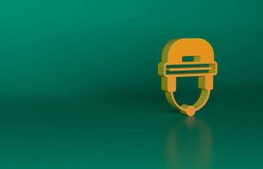 Turuncu Hokey kask simgesi yeşil arka planda izole edildi. Minimalizm kavramı. 3 Boyutlu resimleme.