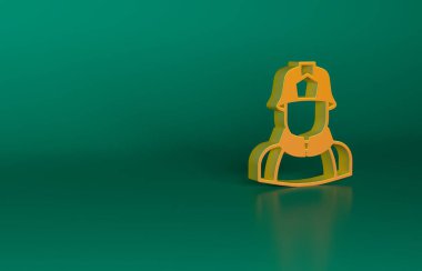 Turuncu itfaiyeci ikonu yeşil arka planda izole edildi. Minimalizm kavramı. 3 Boyutlu resimleme.