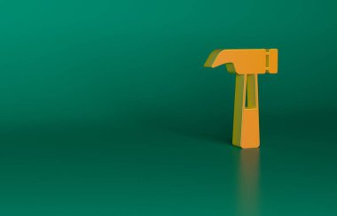 Turuncu Çekiç simgesi yeşil arkaplanda izole edildi. Tamir için bir araç. Minimalizm kavramı. 3 Boyutlu resimleme.