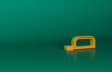 Turuncu Testere simgesi yeşil arkaplanda izole edildi. Tahta ve metal testeresi. Minimalizm kavramı. 3 Boyutlu resimleme.