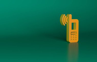 Yeşil arkaplanda ücretsiz kablosuz bağlantı ikonu bulunan turuncu akıllı telefon. Kablosuz teknoloji, kablosuz bağlantı, kablosuz ağ. Minimalizm kavramı. 3 Boyutlu resimleme.