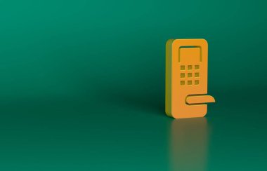 Yeşil arka planda izole edilmiş ikonu açmak için kablosuz teknolojiye sahip turuncu dijital kapı kilidi. Kapı kolu tabelası. Güvenlik akıllı ev. Minimalizm kavramı. 3 Boyutlu resimleme.