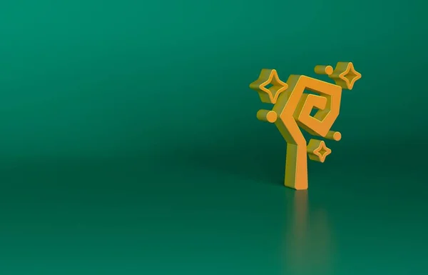 Orange Magic staff icon isolated on green background. Magic wand, scepter, stick, rod. Minimalism concept. 3D render illustration.