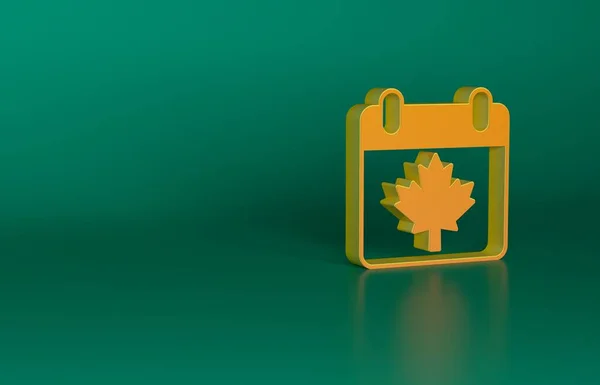 Orange Canada day with maple leaf icon isolated on green background. 1-th of July Independence Day on the calendar with the Canada flag. Minimalism concept. 3D render illustration.