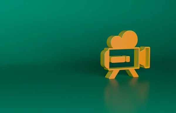 Orange Retro cinema camera icon isolated on green background. Video camera. Movie sign. Film projector. Minimalism concept. 3D render illustration.