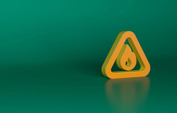 Orange Fire flame in triangle icon isolated on green background. Warning sign of flammable product. Minimalism concept. 3D render illustration.