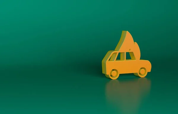 Pomarańczowy Płonący Samochód Ikona Izolowana Zielonym Tle Samochód Się Pali — Zdjęcie stockowe