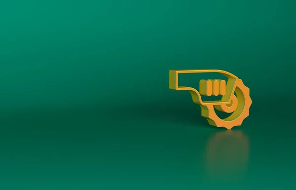 オレンジ緑色の背景に絶縁されたスチール製の歯付きディスクアイコンが付いた電気円形ののこぎり 木材や金属を切断するための電動ハンドツール 最小限の概念 3Dレンダリング図 — ストック写真