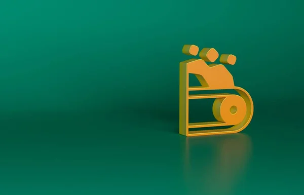 Orange Conveyor belt carrying coal icon isolated on green background. Minimalism concept. 3D render illustration.