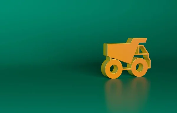 橙色采矿垃圾车图标孤立在绿色背景 最低纲领的概念 3D渲染说明 — 图库照片