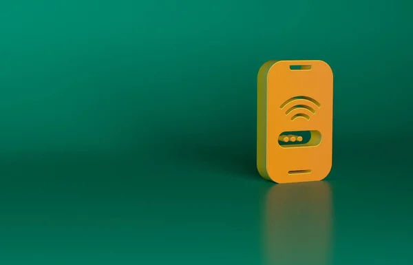 Orange Smartphone with free wi-fi wireless connection icon isolated on green background. Wireless technology, wi-fi connection, wireless network. Minimalism concept. 3D render illustration.